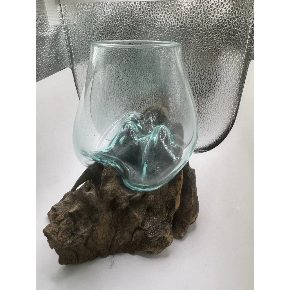Hand Blown Glass Driftwood Bowl Planter Vase Rustic Coastal Boho Decor OOAK
